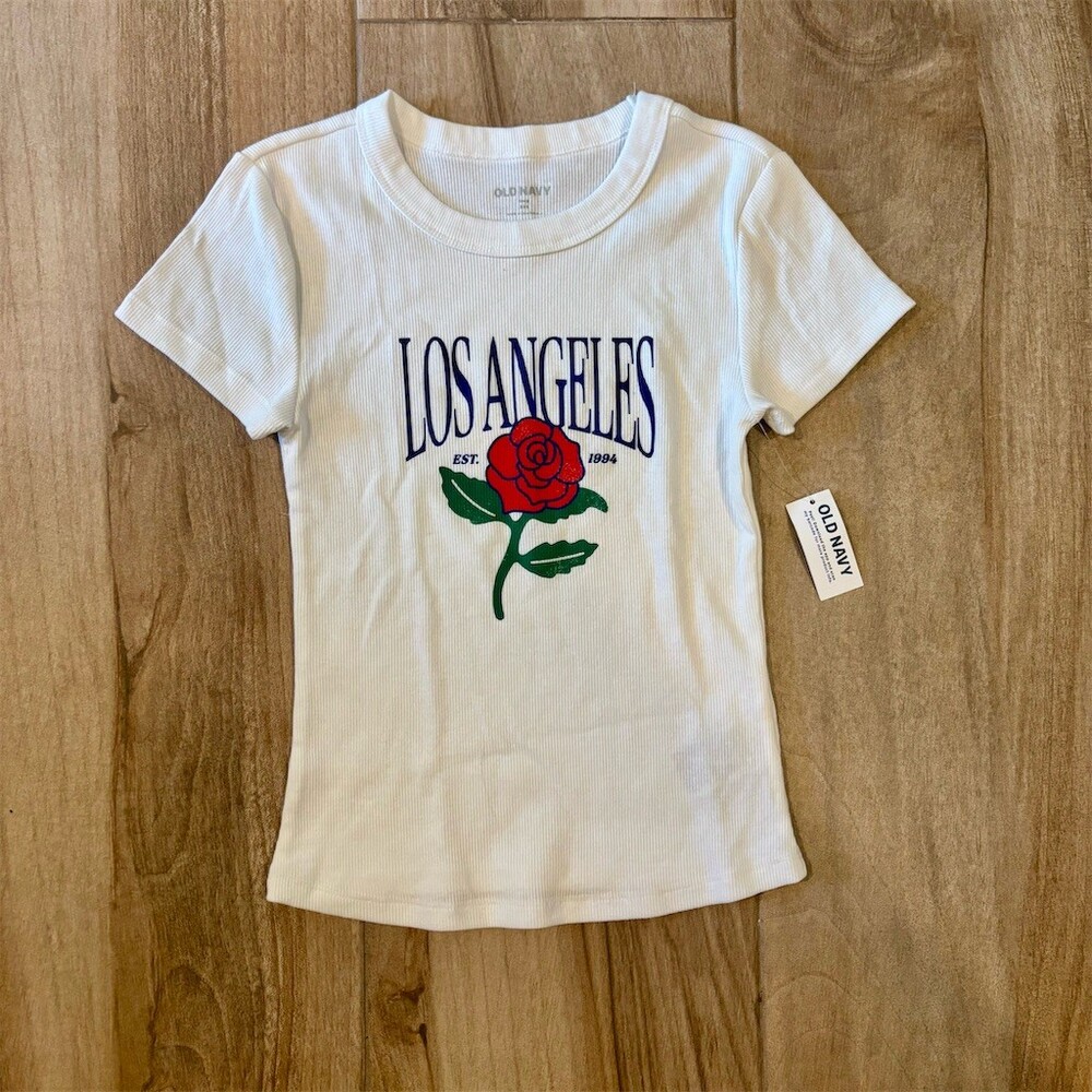 Old Navy T-Shirt Womens 2XS White Ribbed Graphic Print Los Angeles Rose